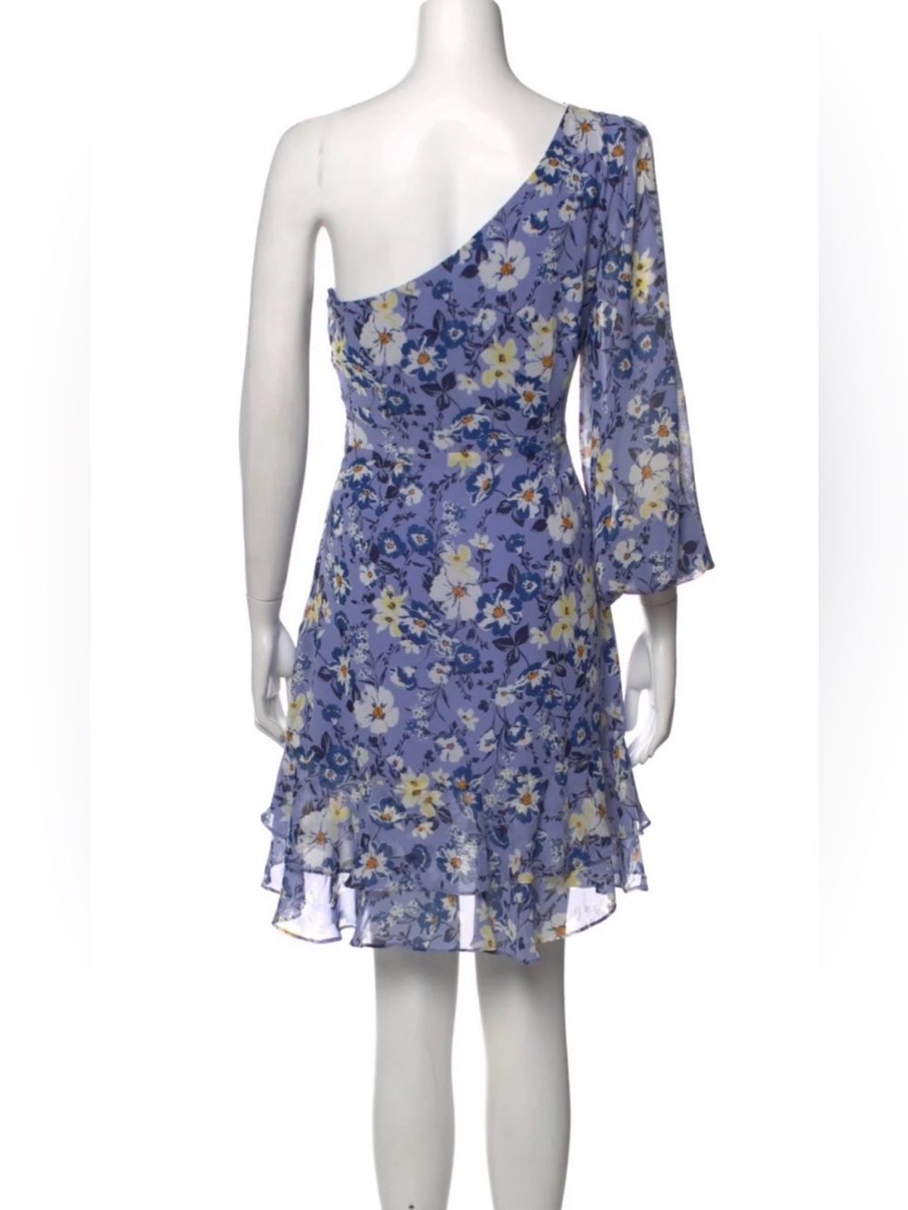 ASTR The Label Floral One Shoulder Mini Dress M Blue Ruffle Hem Party - Picture 2 of 10